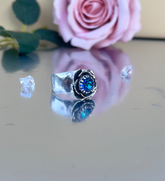 Bermuda Blue Crystal Flower Ring. ‘Wildflower’