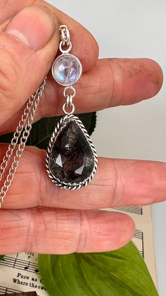 Black Rutile and Moonstone Pendant.