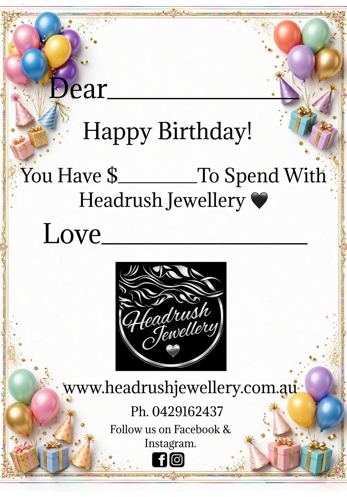 Headrush Jewellery Gift Vouchers.