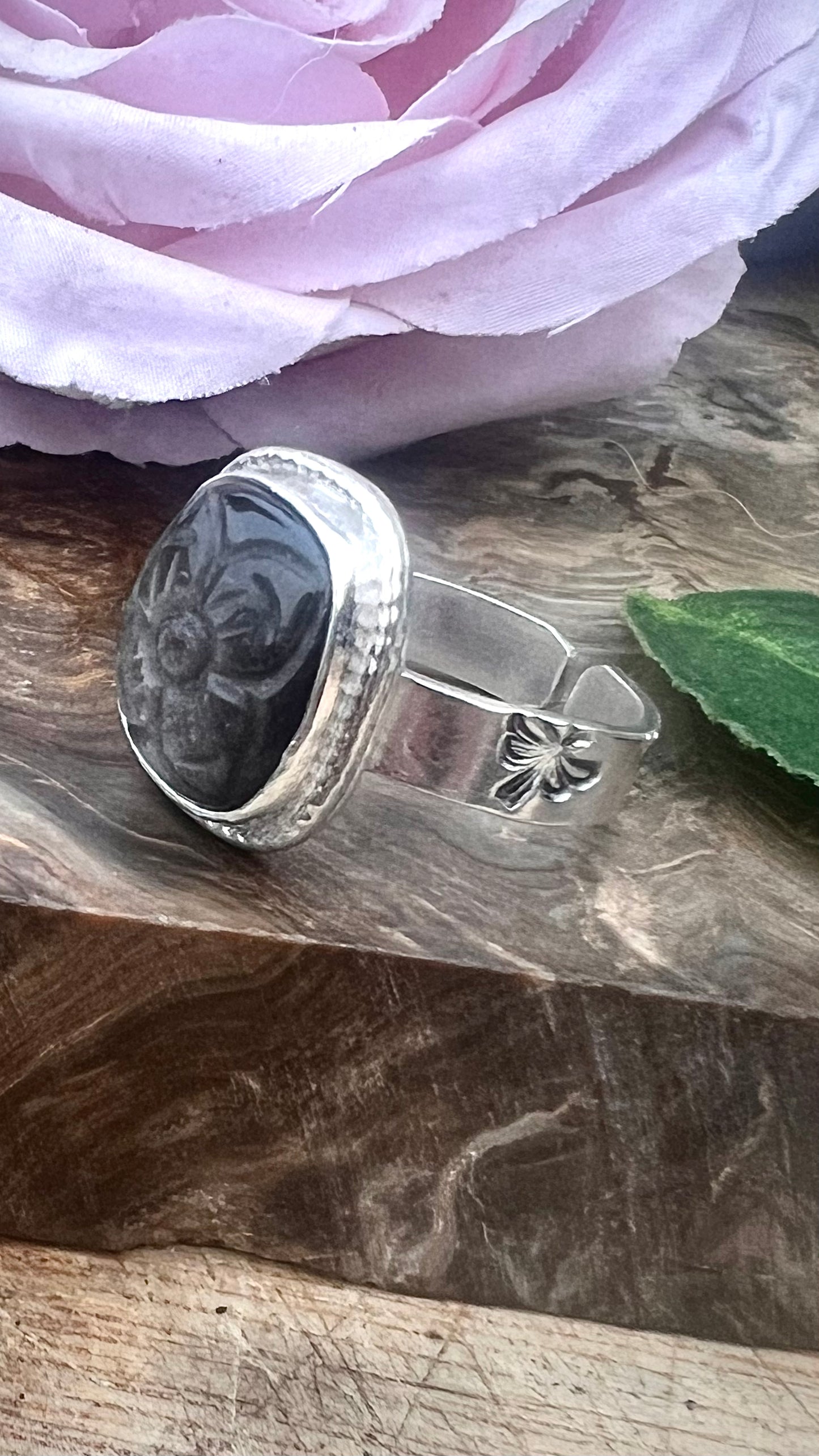 'Winter' Carved Silver Sheen Obsidian Ring.