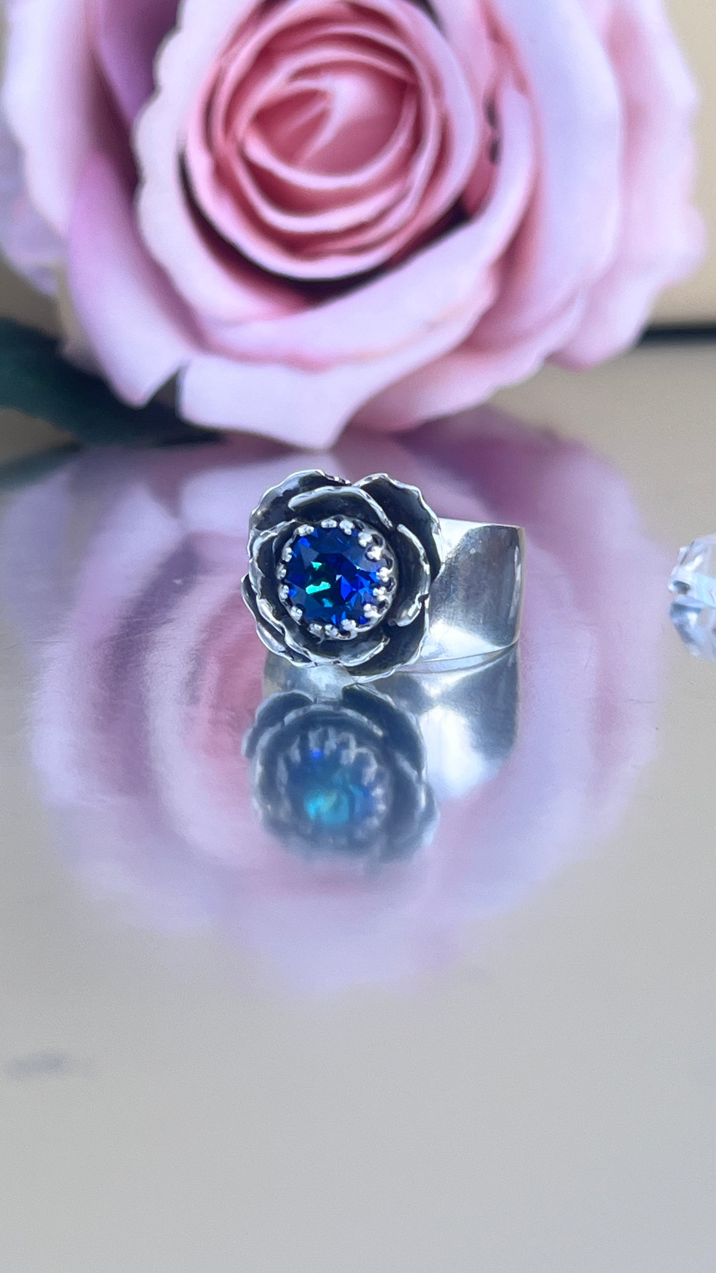 Bermuda Blue Crystal Flower Ring. ‘Wildflower’