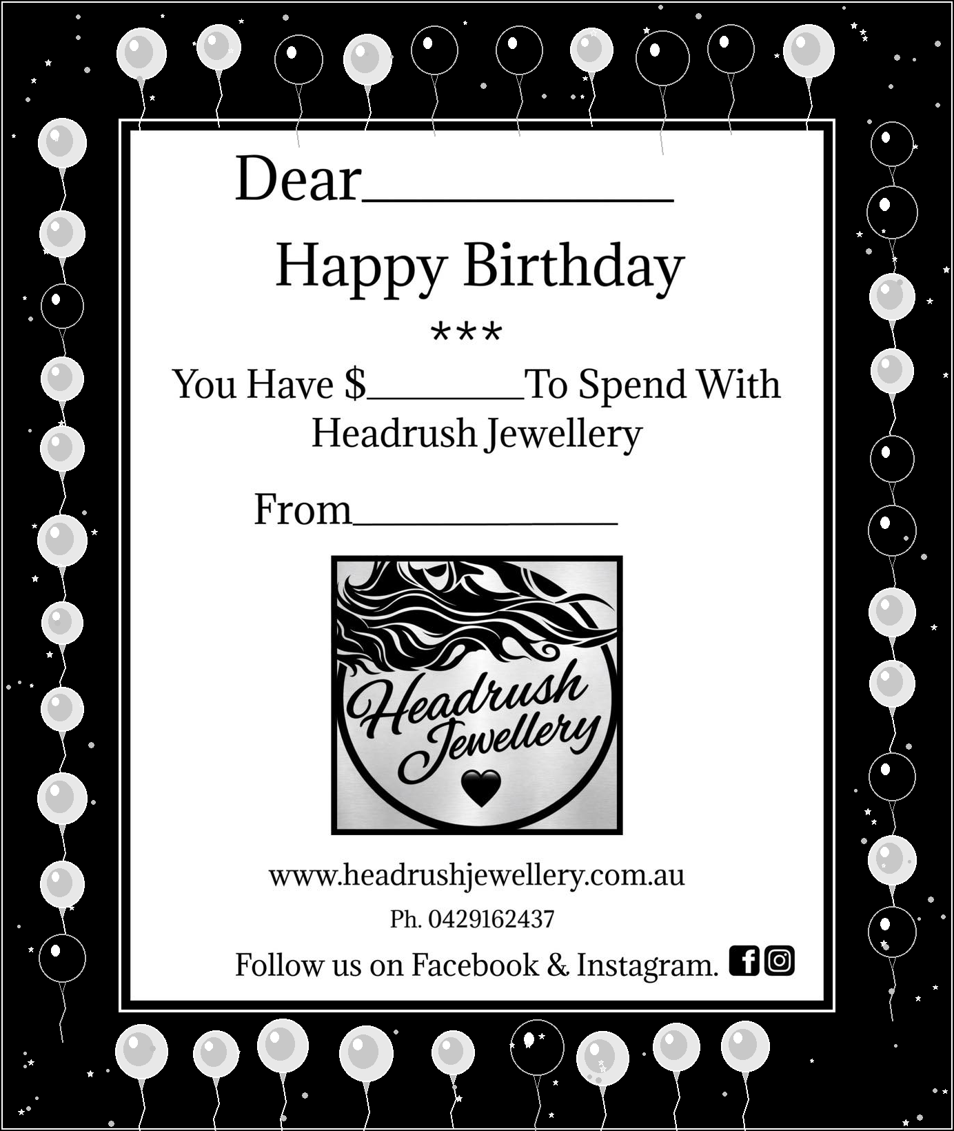 Headrush Jewellery Gift Cards.