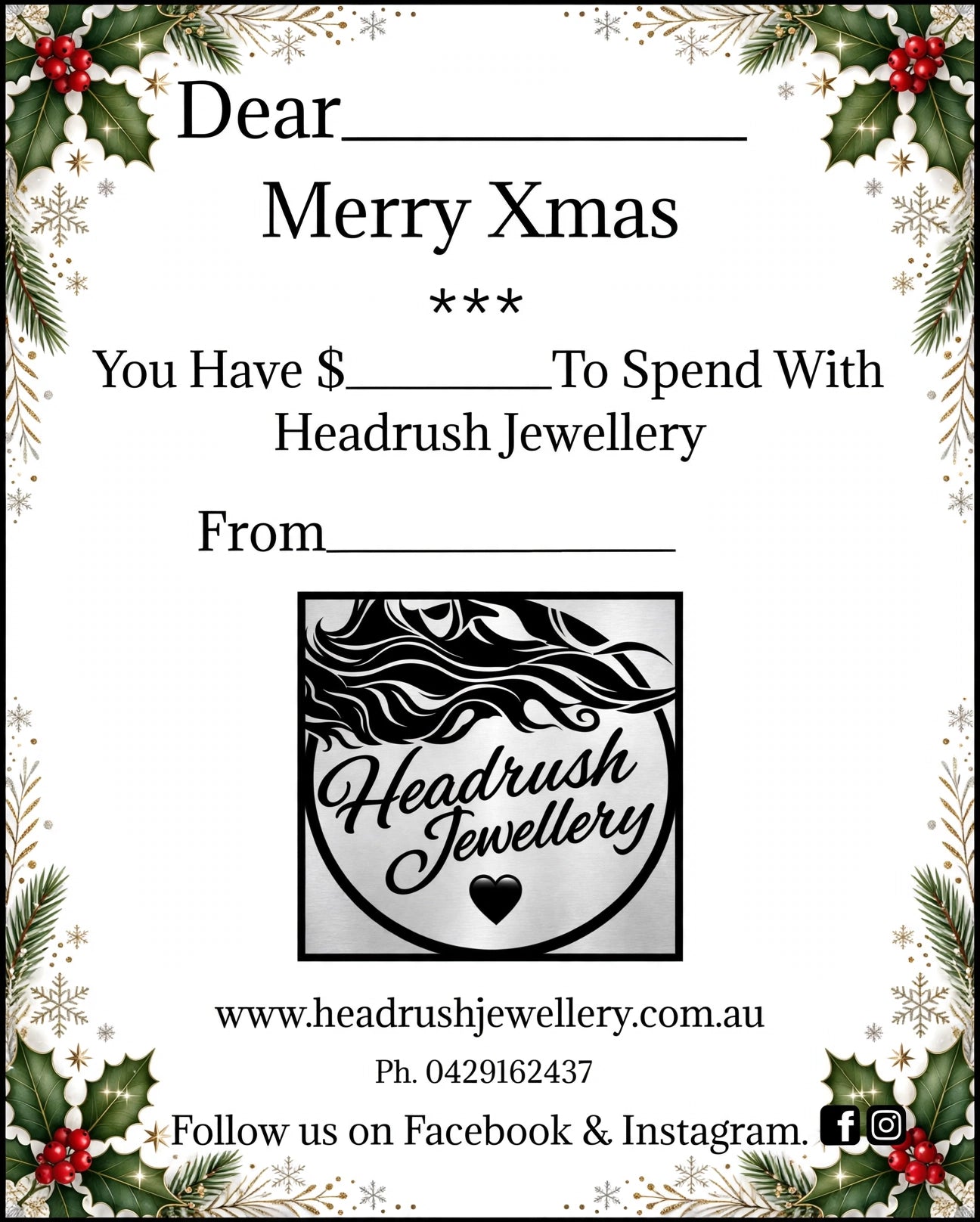 Headrush Jewellery Gift Cards.